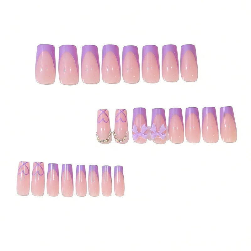 CTTHNBD Medium Press on Nails Coffin - Purple French Tip Fake Nails with Bow Charms Design - Heart False Nails Press ons - for Women 24 Pcs - Image 2